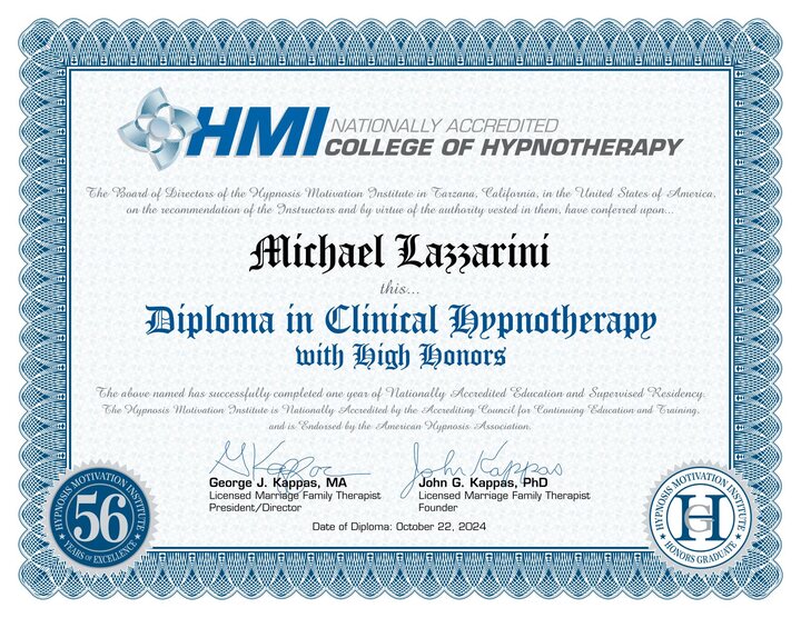 Diploma in Clinical Hypnotherapy with high honors, awarded to Michael Lazzarini